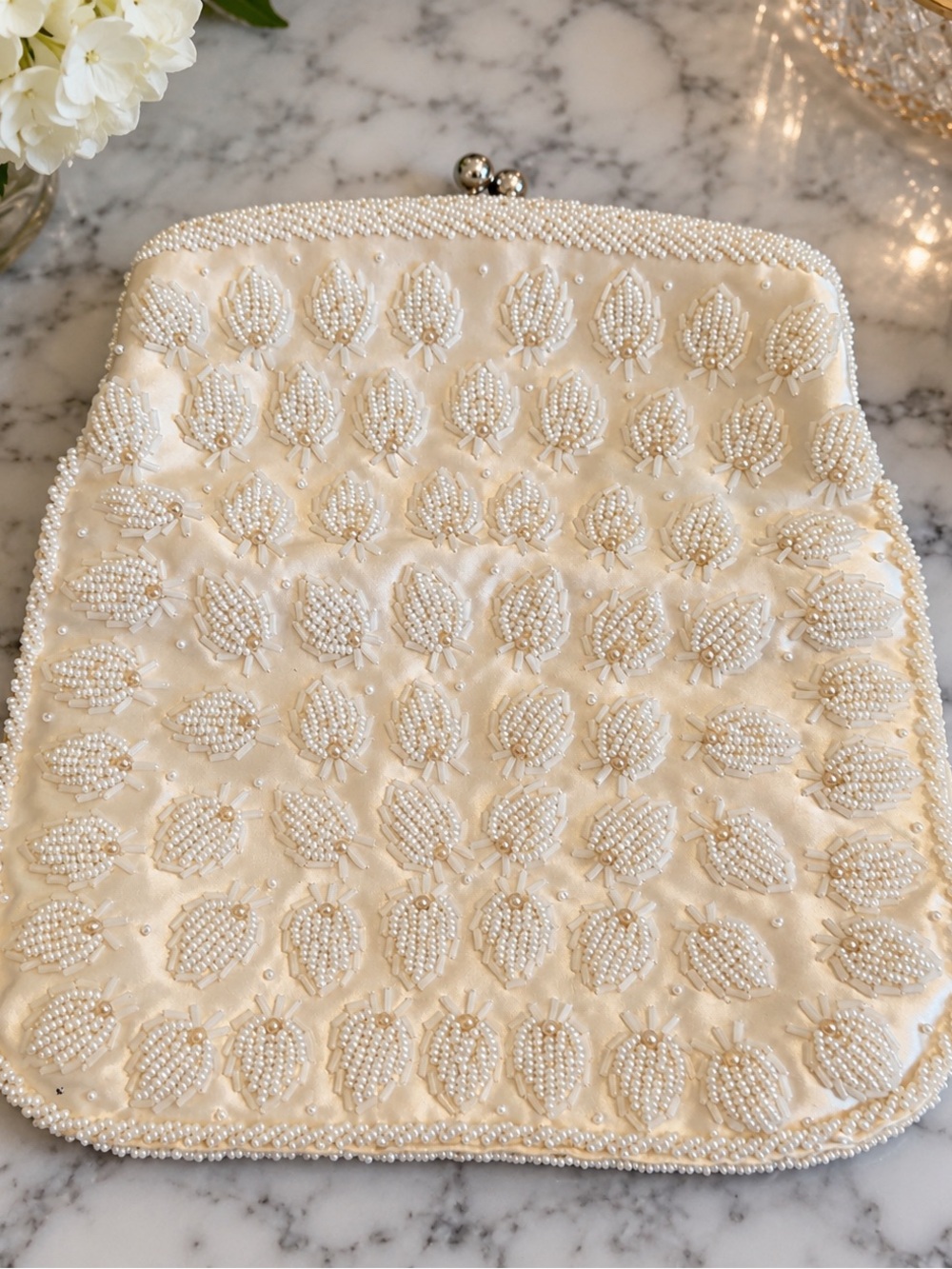 Vintage White Beaded Evening Clutch Pearl Embellished Bag 1950’s Satin Lining - Picture 8 of 8